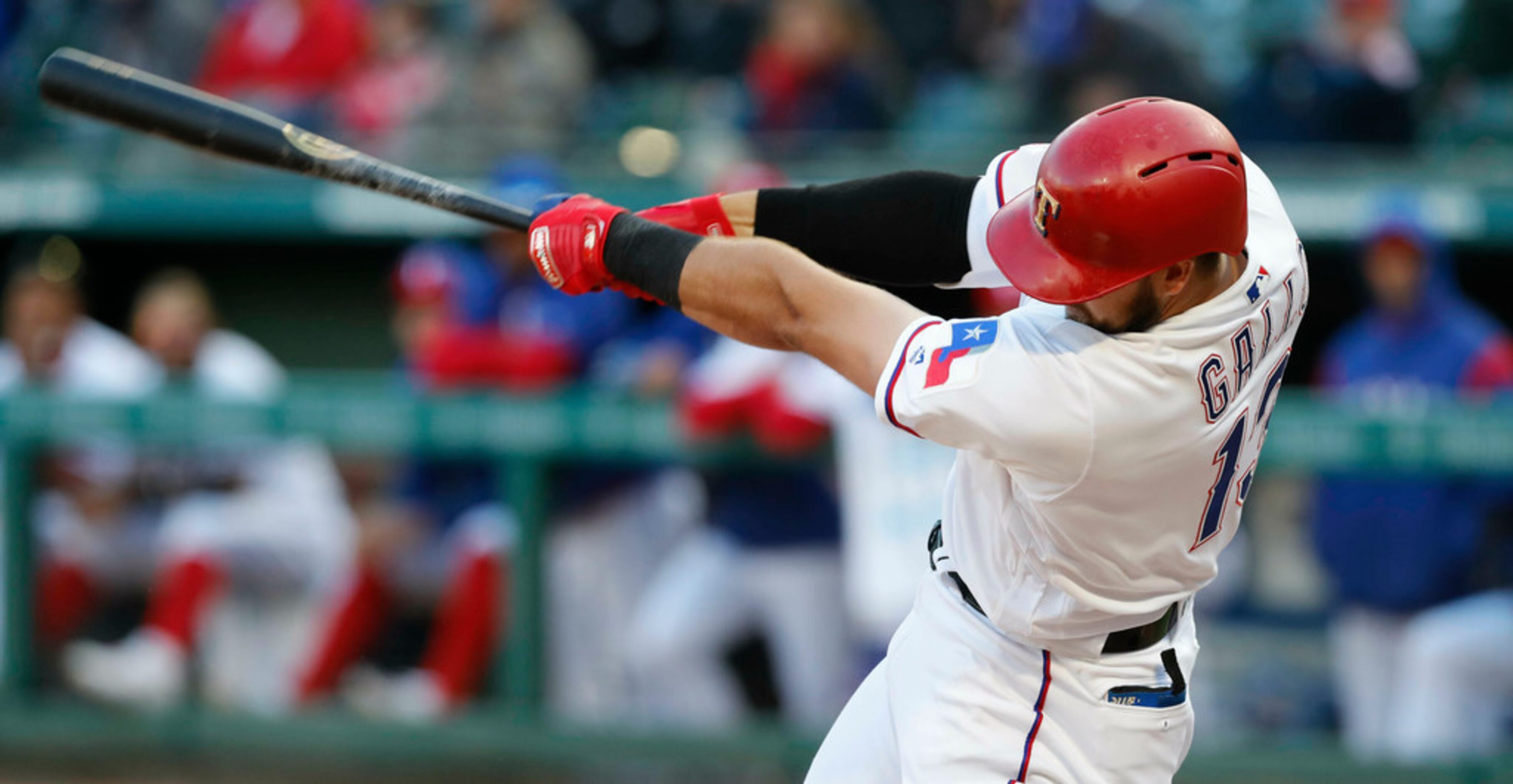 Texas Rangers Joey Gallo hits double during the ninth inning of a baseball game against the...