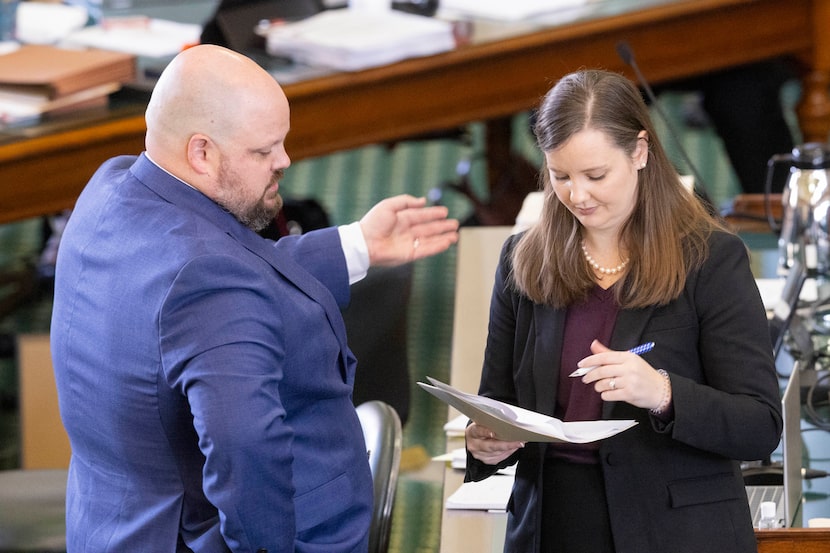 (From left) Defense attorneys Chris Hilton and Allison Collins chat during day 8 of Texas...