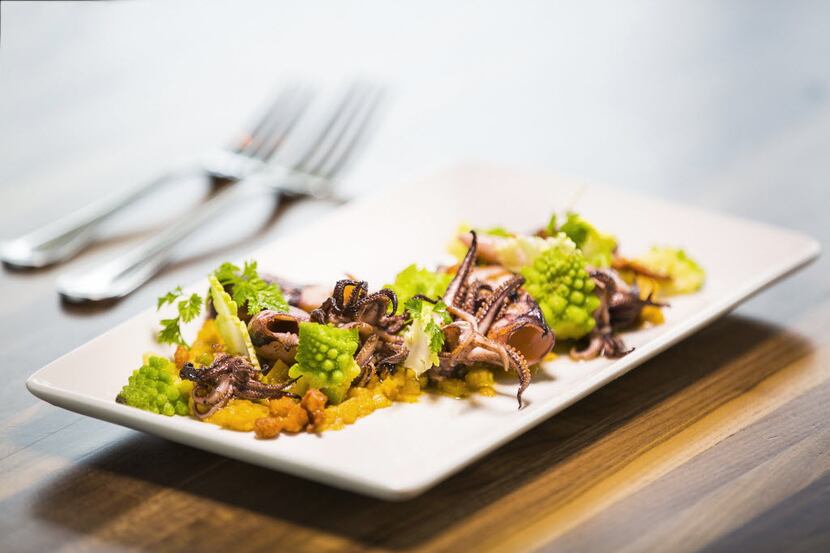 Michael Ehlert's grilled squid with chick peas and romanesco at Front Room Tavern in 2015....