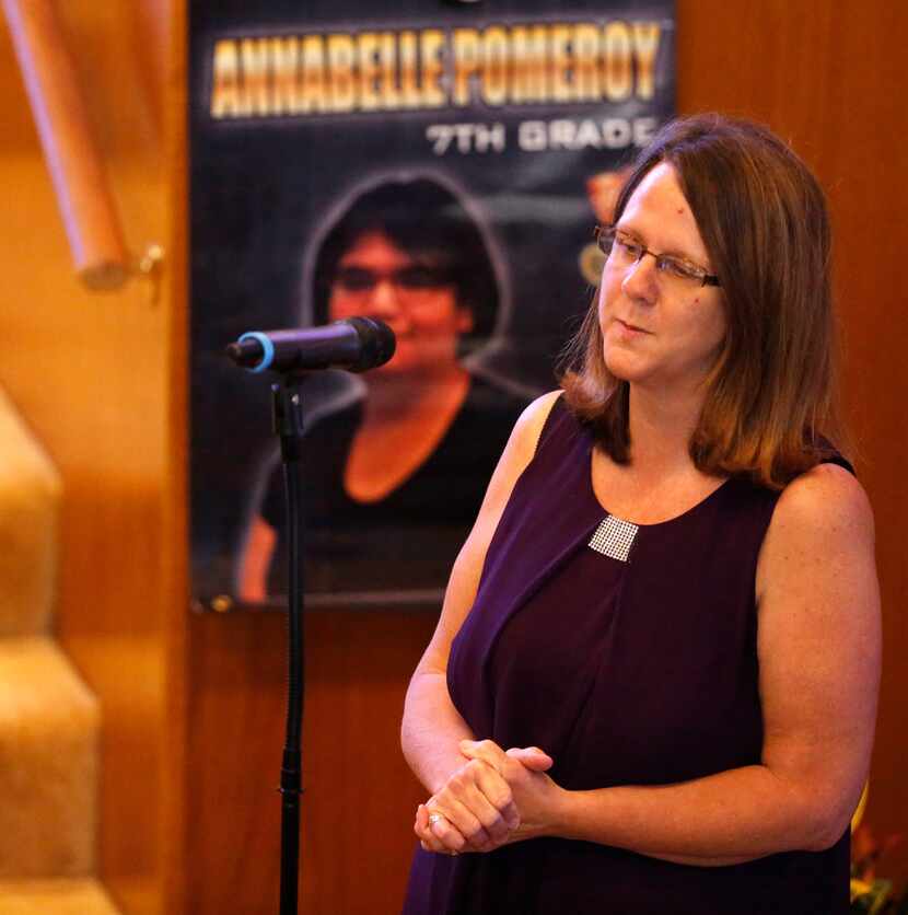 Sherri Pomeroy tells stories about her daughter Annabelle Pomeroy during her funeral service...