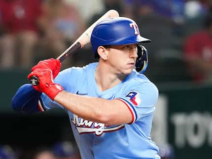 Texas Rangers outfielder Wyatt Langford bats during the sixth inning against the Tampa Bay...