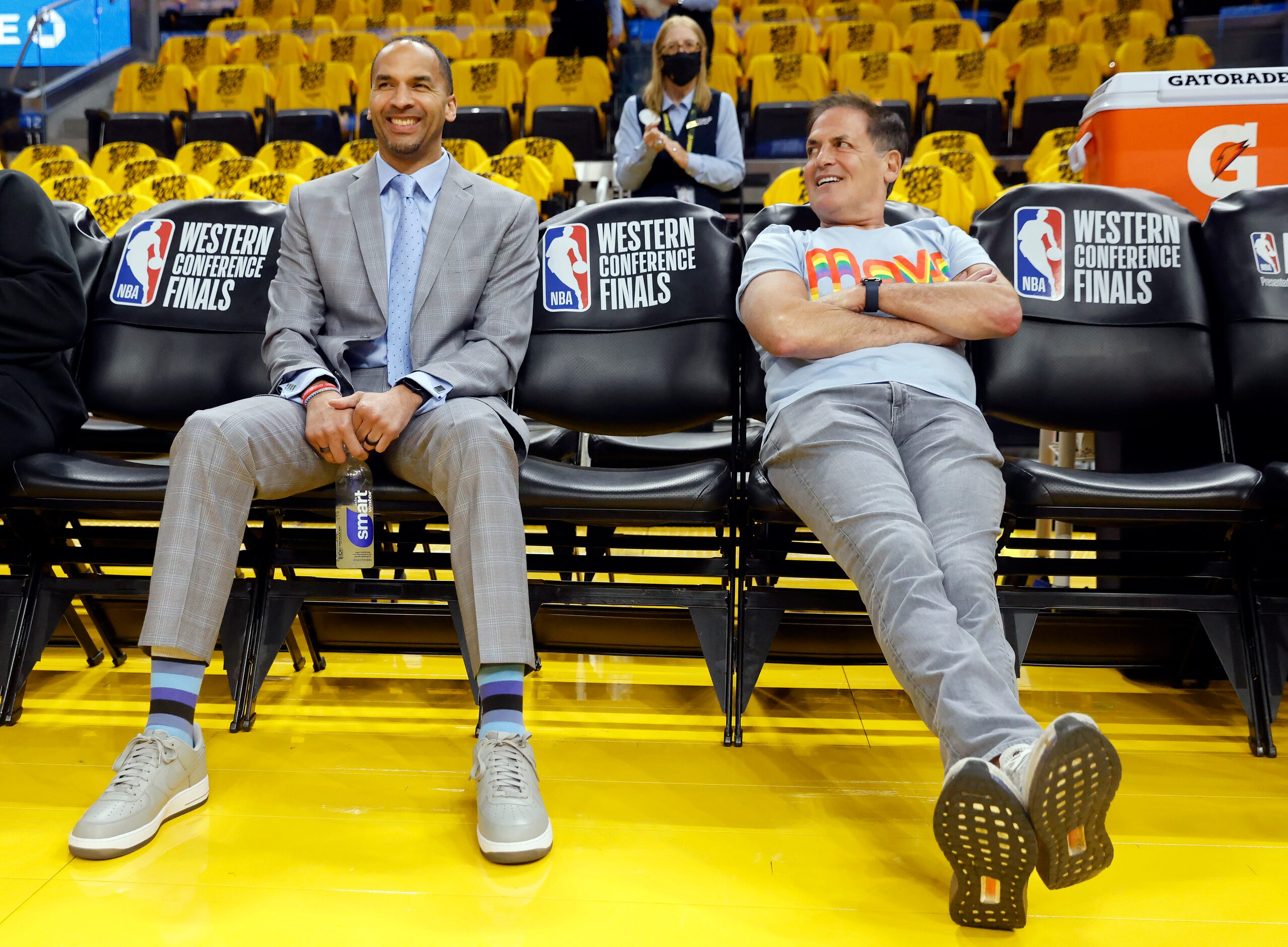 Dallas Mavericks president of basketball operations and general manager Nico Harrison (left)...