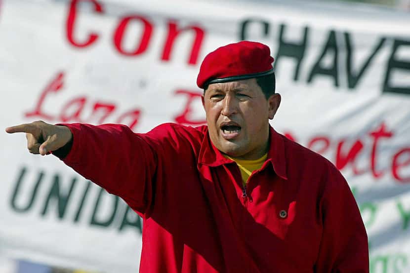 Venezuelan President Hugo Chavez addresses supporters during a 2003 demonstration in Caracas...