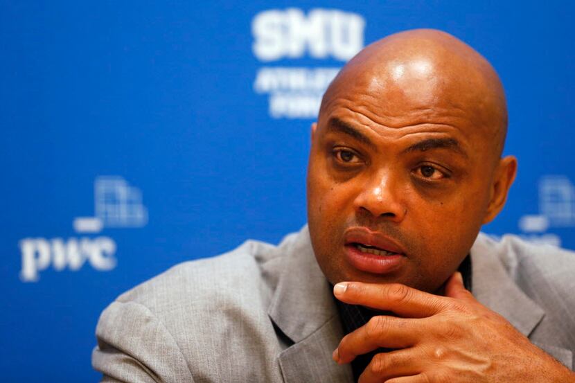Former NBA player and TV analyst Charles Barkley answers questions from the media at the SMU...