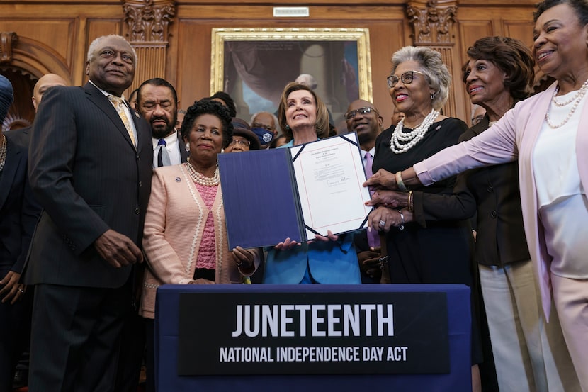 From left, Majority Whip James Clyburn, D-S.C., Rep. Al Green, D-Texas, Rep. Sheila Jackson...