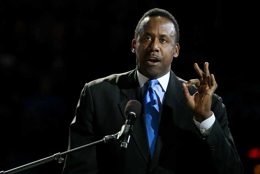 Former Dallas Mavericks player Rolando Blackman speaks during the jersey retirement ceremony...