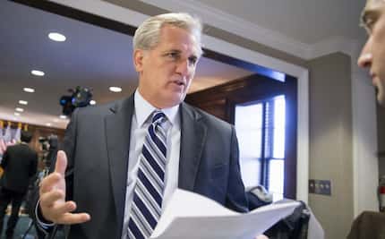 In this Dec. 8, 2015 file photo, House Majority Leader Kevin McCarthy of Calif. spoke with a...