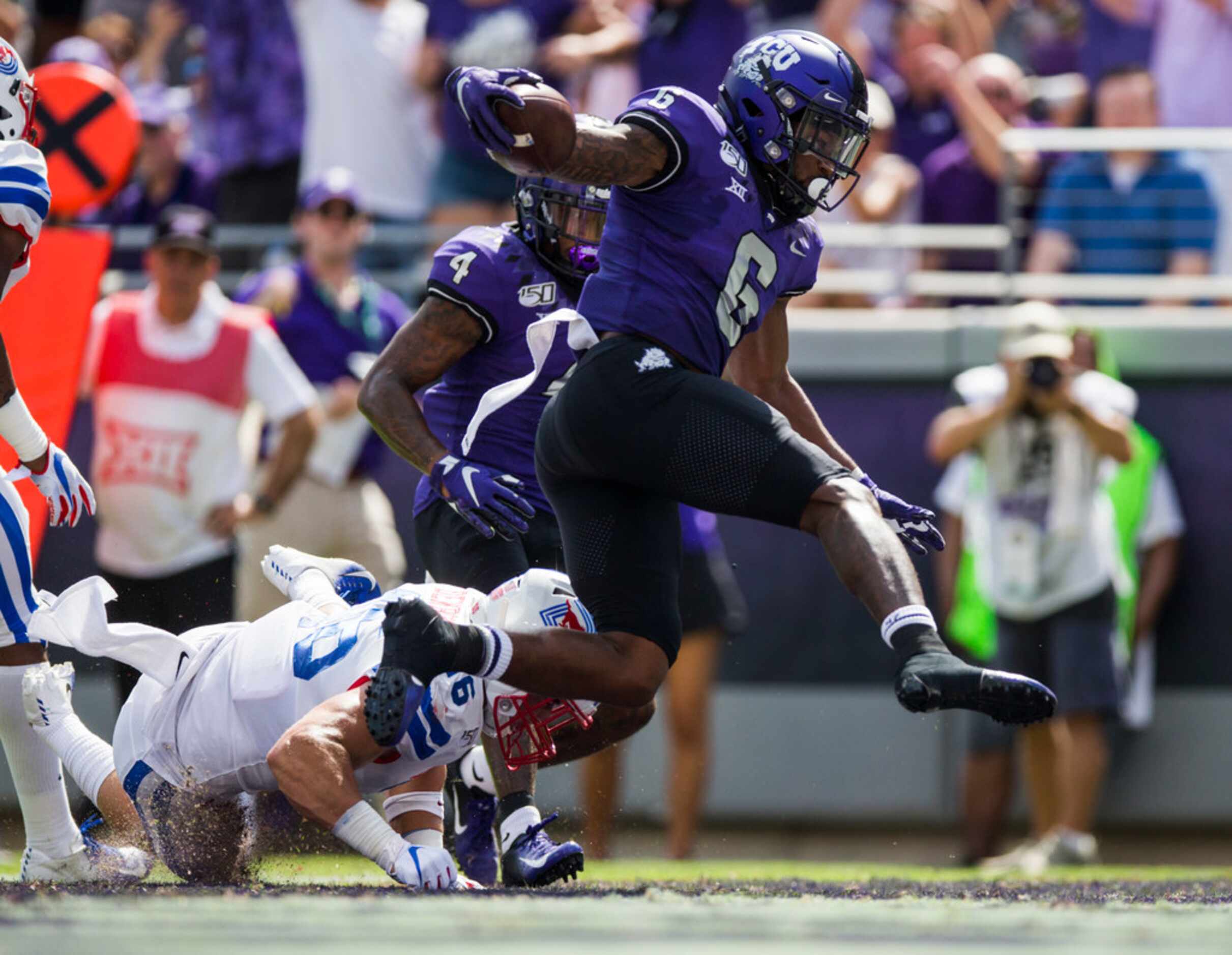 TCU Horned Frogs running back Darius Anderson (6) leaps across the goal line for a touchdown...