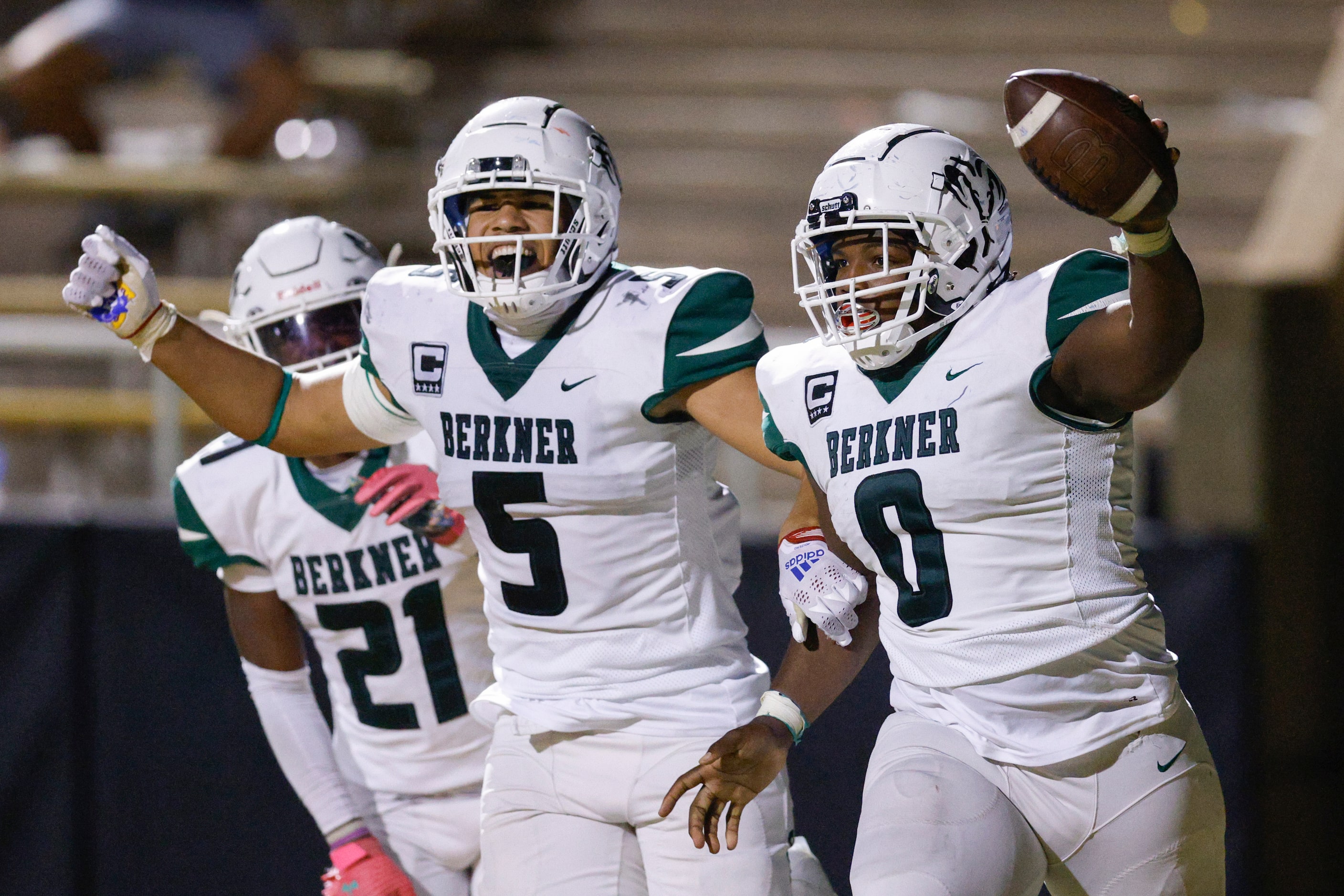 Richardson Berkner defensive lineman Jaquavious Kennedy (0) celebrates his interception with...