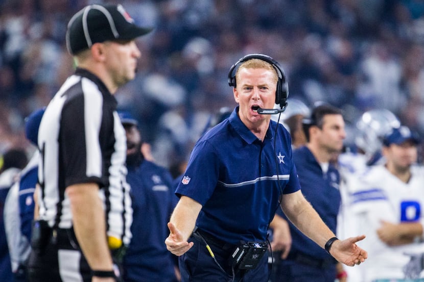 Dallas Cowboys head coach Jason Garrett yells at an official during the second quarter of...