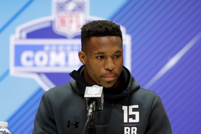 North Carolina State running back Nyheim Hines speaks during a press conference at the NFL...