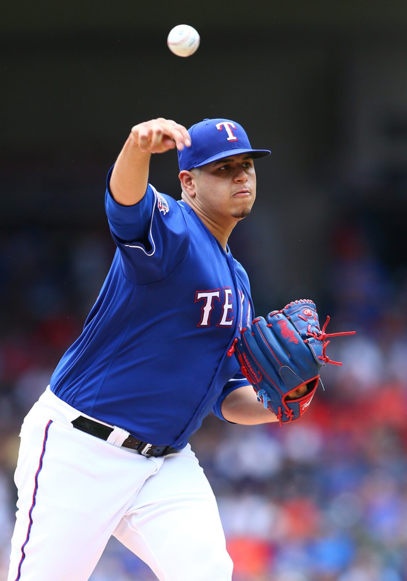 ARLINGTON, TX - JULY 14: Ariel Jurado #57 of the Texas Rangers pitches in the first inning...