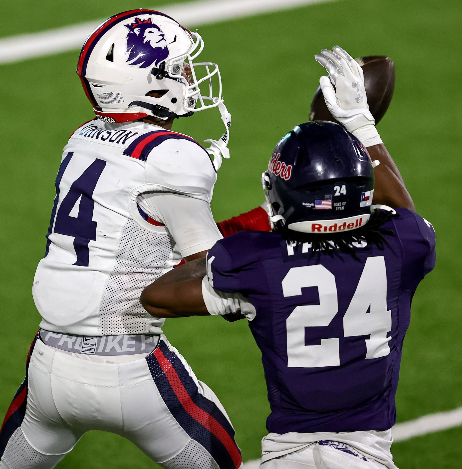 Denton Ryan defensive back Caleb Parks (24) defends a pass intended for Richland wide...