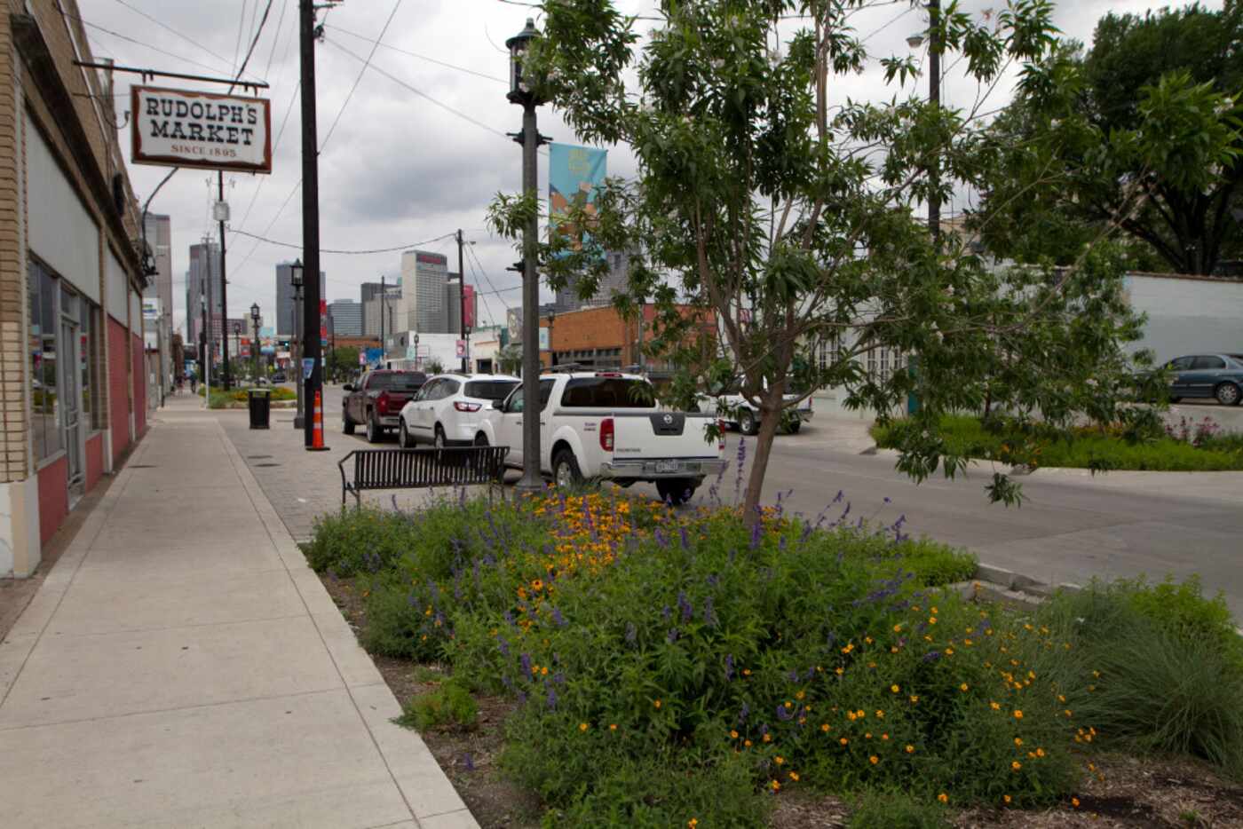 Deep Ellum looking west on Tuesday, with the "rain garden" in full bloom