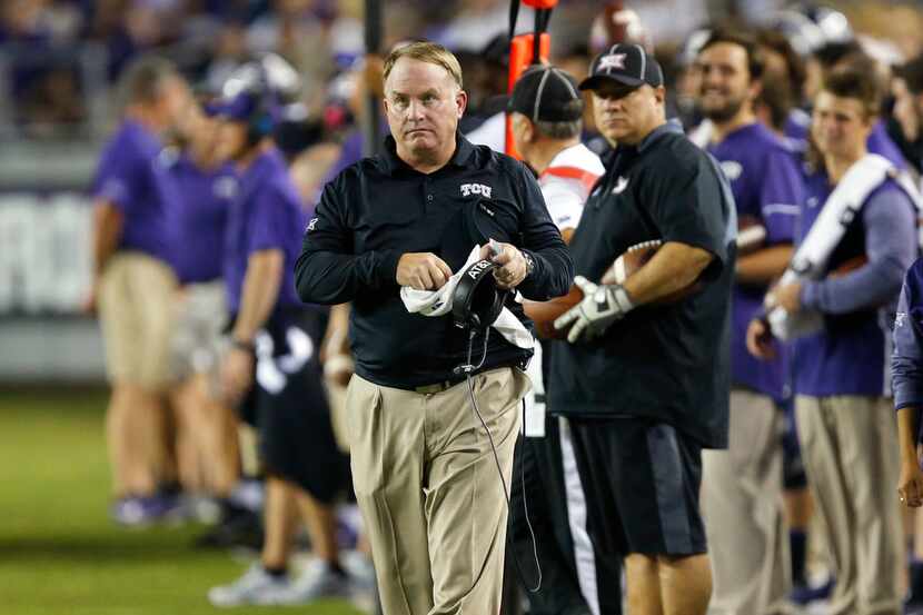 TCU Horned Frogs head coach Gary Patterson paced the sideline as they faced the Kansas...