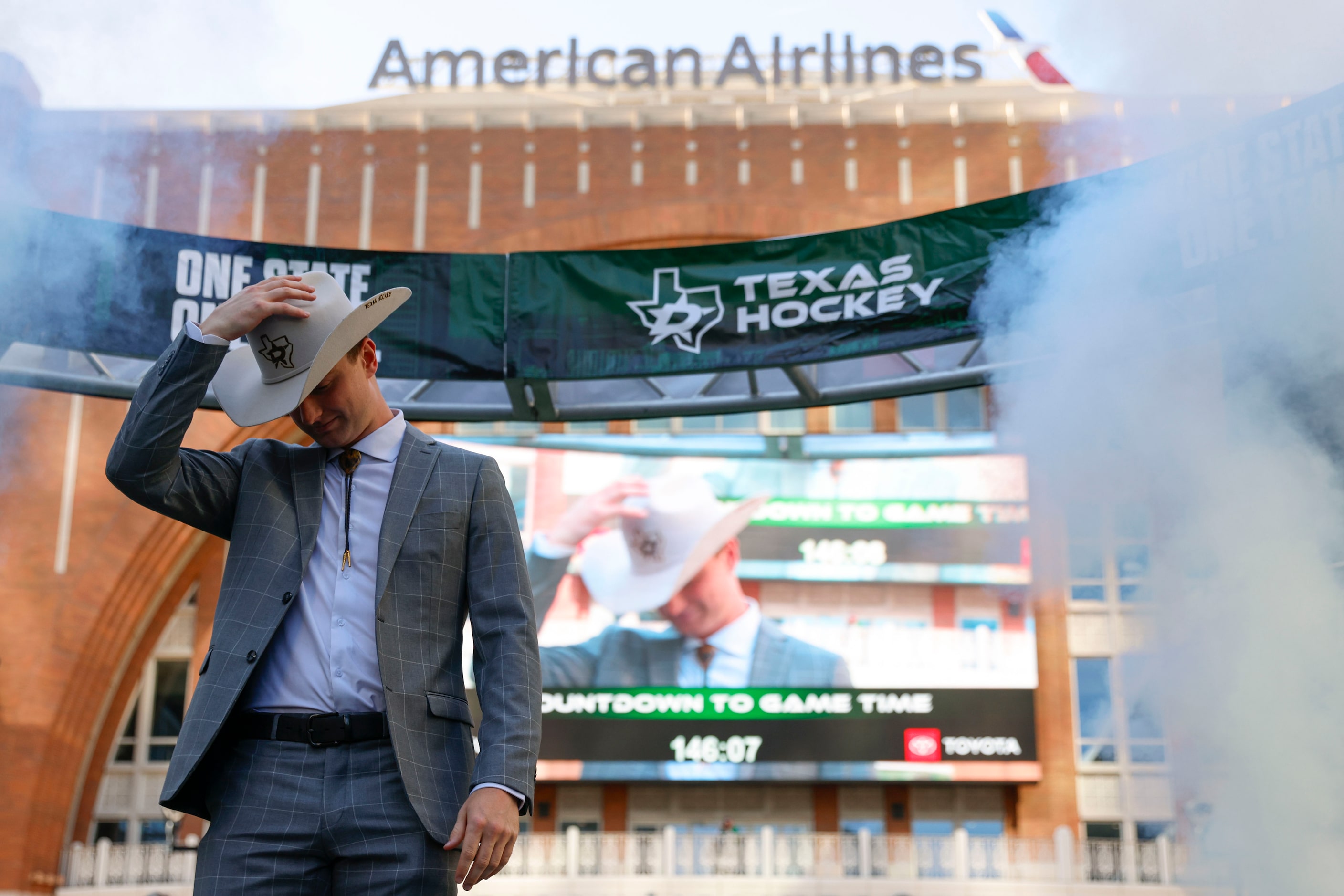 Dallas Stars defenseman Thomas Harley poses for the 360 camera during the team’s home opener...