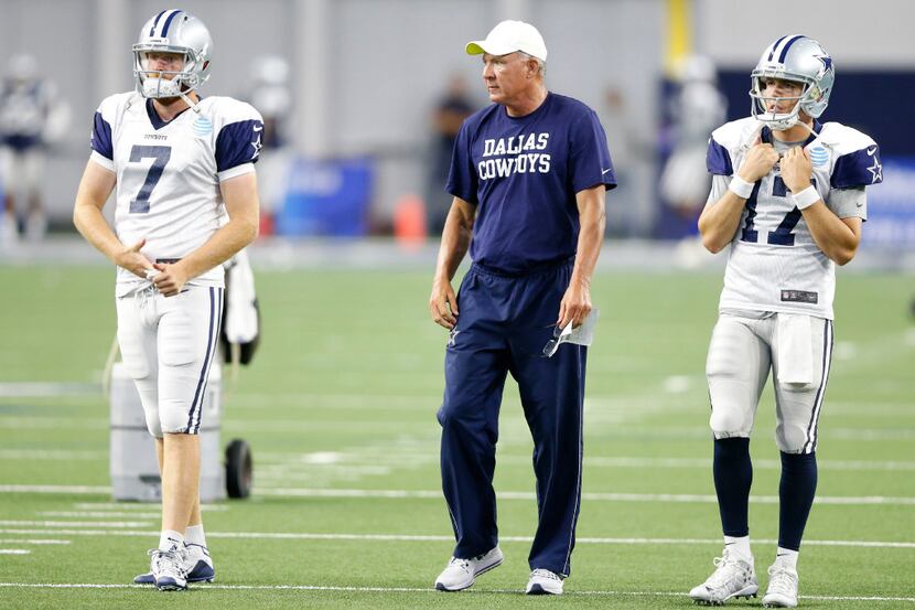 Dallas Cowboys quarterback Cooper Rush (7), Dallas Cowboys quarterbacks coach Wade Wilson...