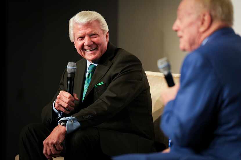 Former Cowboys coach Jimmy Johnson (left) and owner Jerry Jones (right) field questions at...