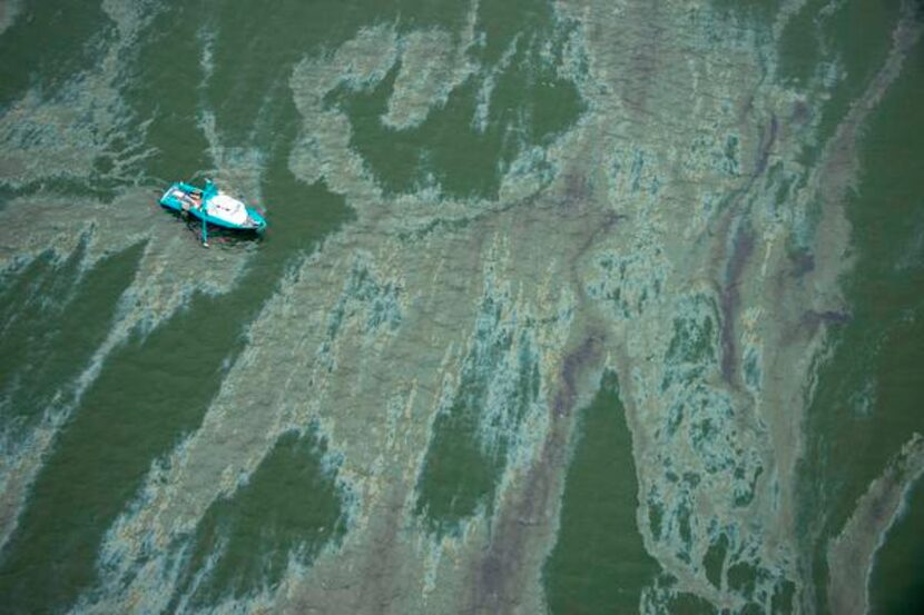 
The Coast Guard said oil was detected 12 miles offshore in the Gulf of Mexico after a barge...