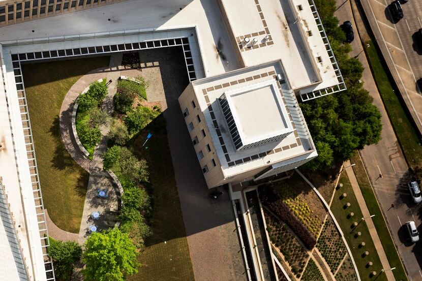 Landscaping of the rooftop garden at the Federal Reserve Bank of Dallas forme the shape of...