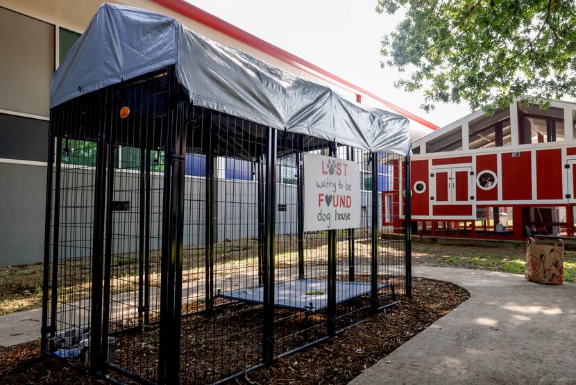 A kennel space for lost dogs sits in the center of Silberstein Square, an outdoor space at...