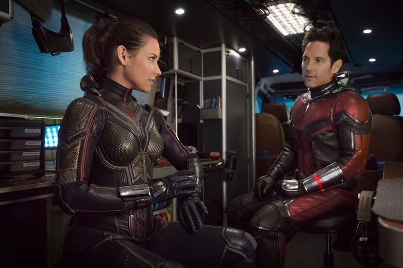 This image released by Marvel Studios shows Evangeline Lilly, left, and Paul Rudd in a scene...