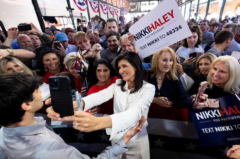 Republican presidential candidate Nikki Haley greets supporters after her speech Feb. 15,...