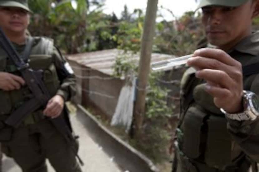  Guatemalan soldiers  on Friday show a mosquito larva found during a fumigation campaign...