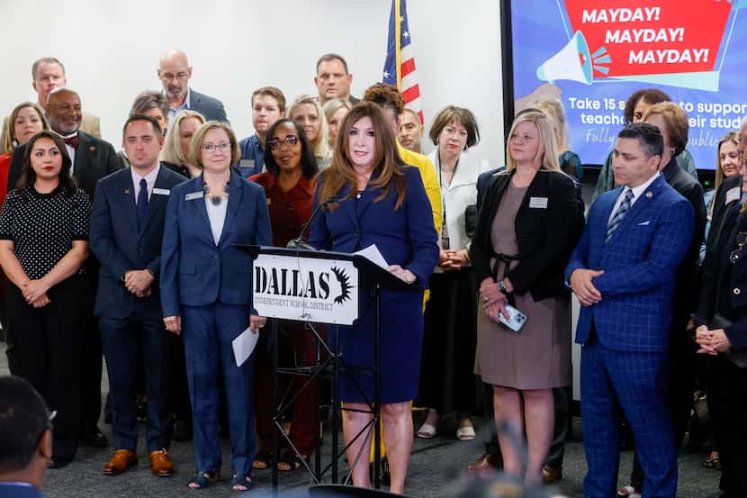 Dallas Superintendent Stephanie Elizalde speaks during a joint press conference with other...