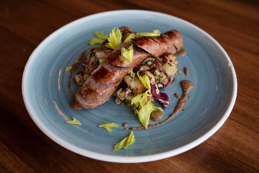 Veal bratwurst with warm potato salad and apple mustard is one of Matt Balke's favorite...