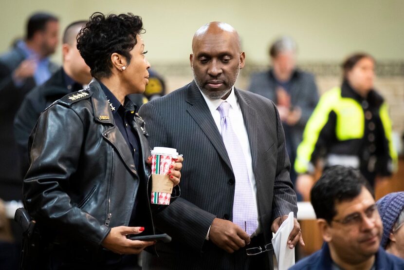 Dallas Police Chief U. Renee Hall (left) appeared with Dallas City Manager T.C. Broadnax at...