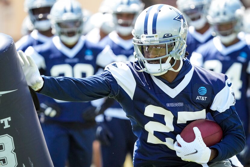 Dallas Cowboys cornerback Trevon Diggs (27) participates in a drill during the first...