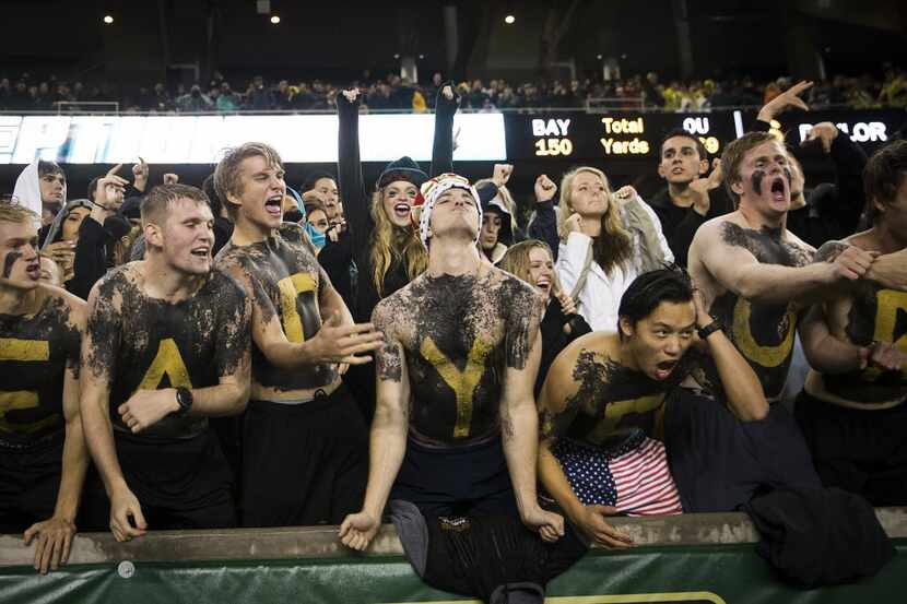 Baylor Bears fans celebrate after a Oklahoma Sooners turnover during the first half of an...