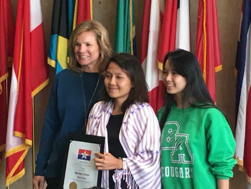  Dallas City Council member Jennifer Staubach Gates (left) at Dallas City Hall with Evelyn,...