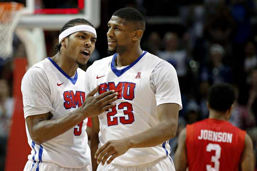 SMU guard Sterling Brown (3) and forward Jordan Tolbert react as the Mustangs pull ahead of...