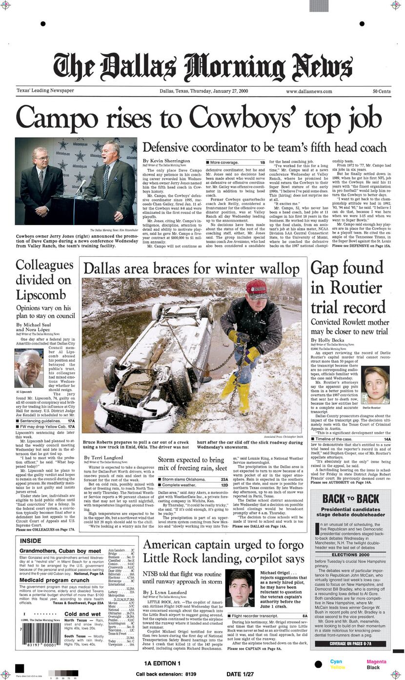 Front page of Jan. 27, 2000. 'Campo rises to Cowboys' top job.'