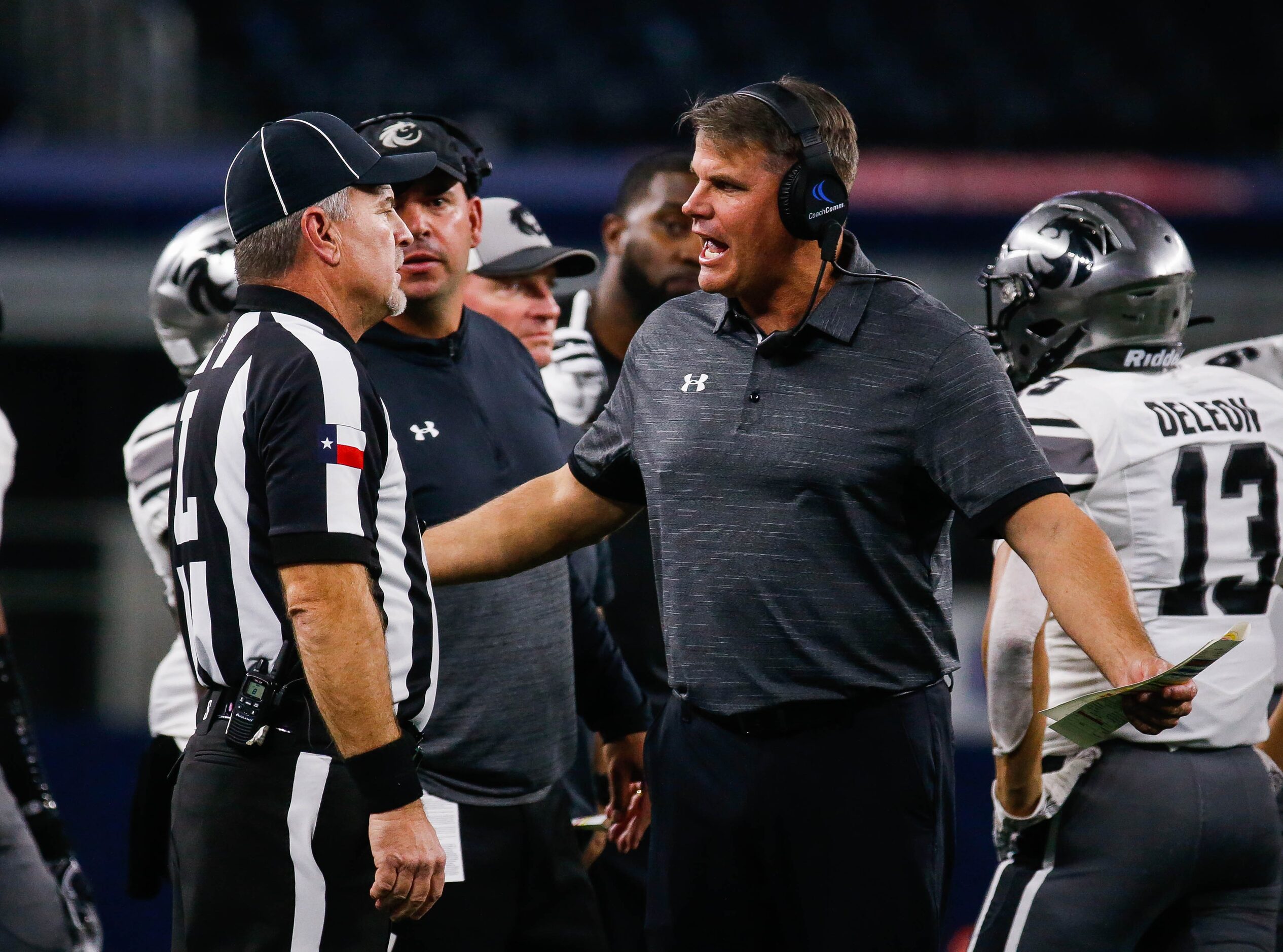 Denton Guyer's coach John Walsh argues a ref's call in the fourth quarter of a Class 6A...