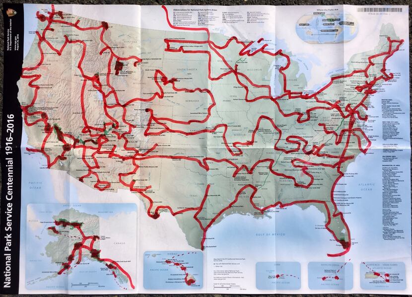 Meyer's planned three-year route to visit all 417 National Park Service sites.  As he passed...