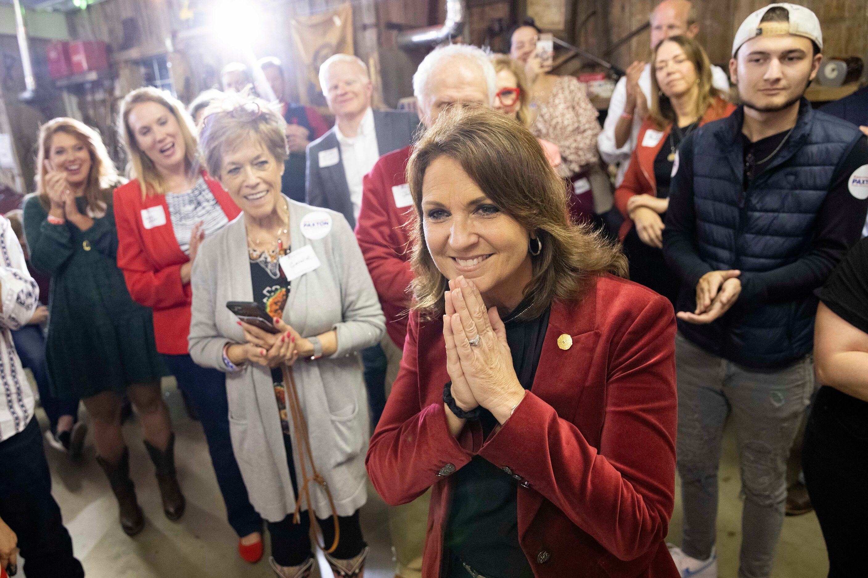 Sen. Angela Paxton smiles while listening to her election results on Tuesday, Nov. 8, 2022,...