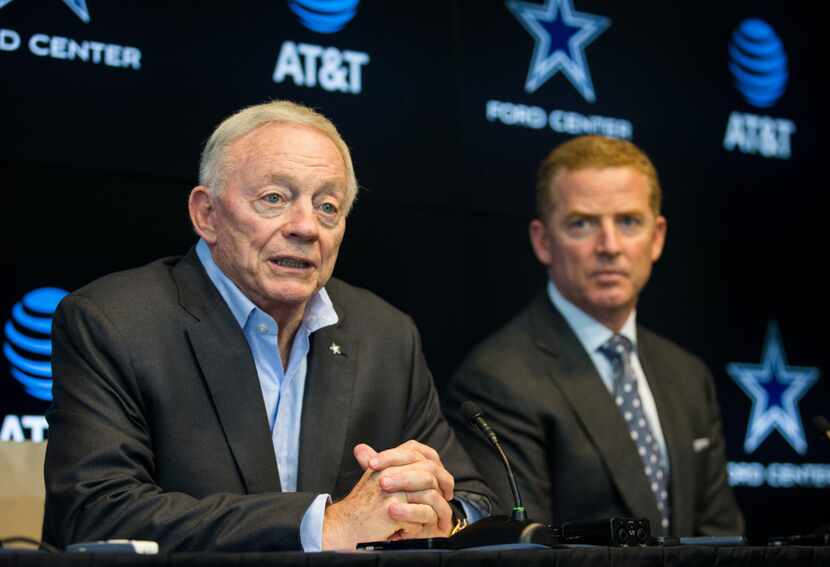 Dallas Cowboys owner Jerry Jones and head coach Jason Garrett answer questions from...