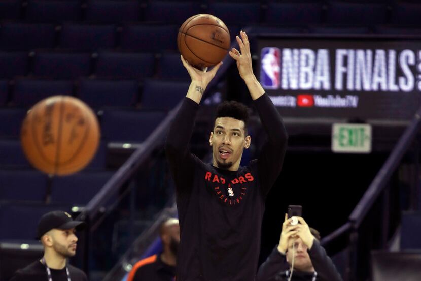 Toronto Raptors' Danny Green shoots during practice for the NBA Finals against the Golden...