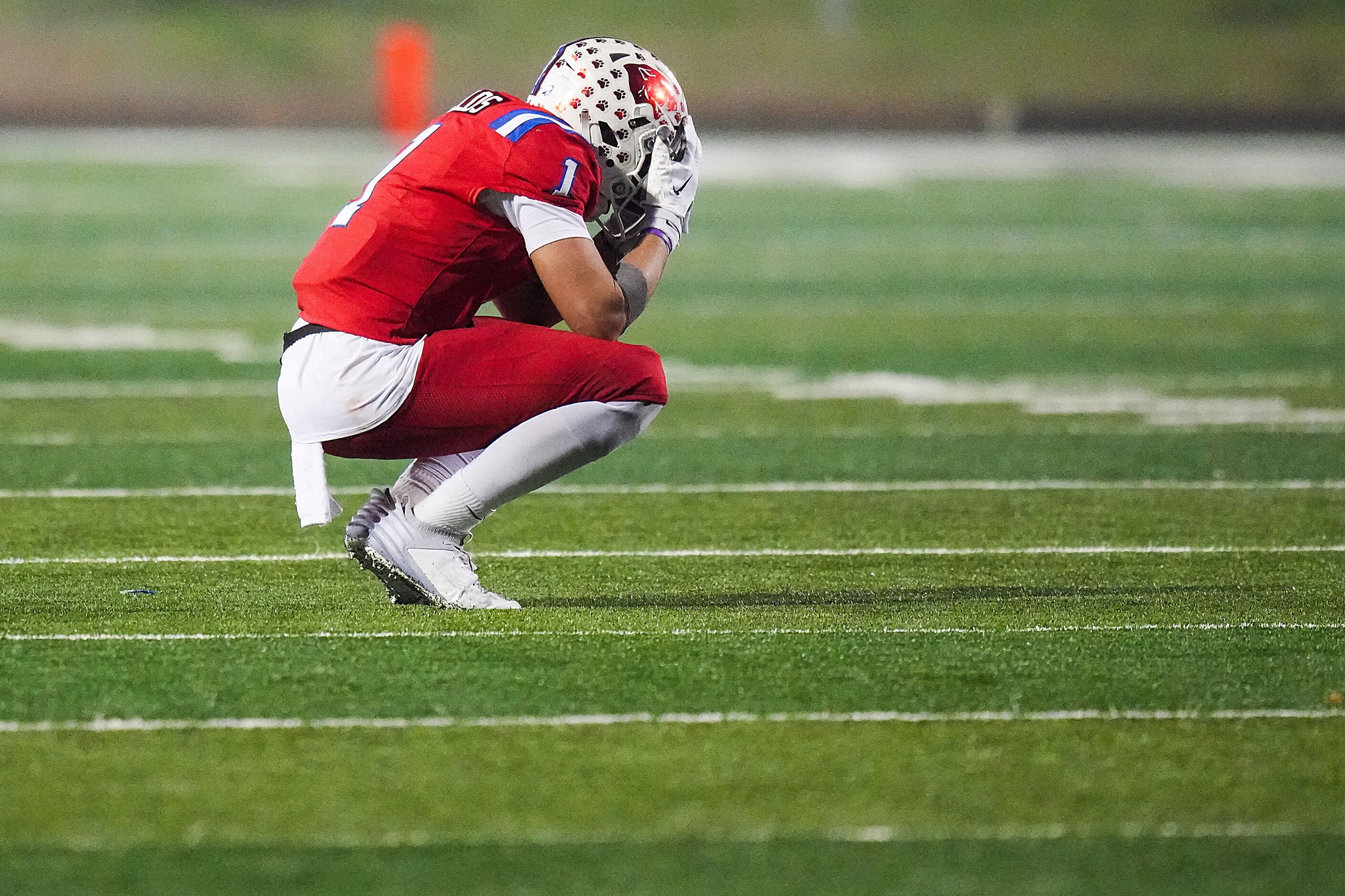 Parish Episcopal wide receiver Bryson Fields reacts after a holding penalty negated a big...