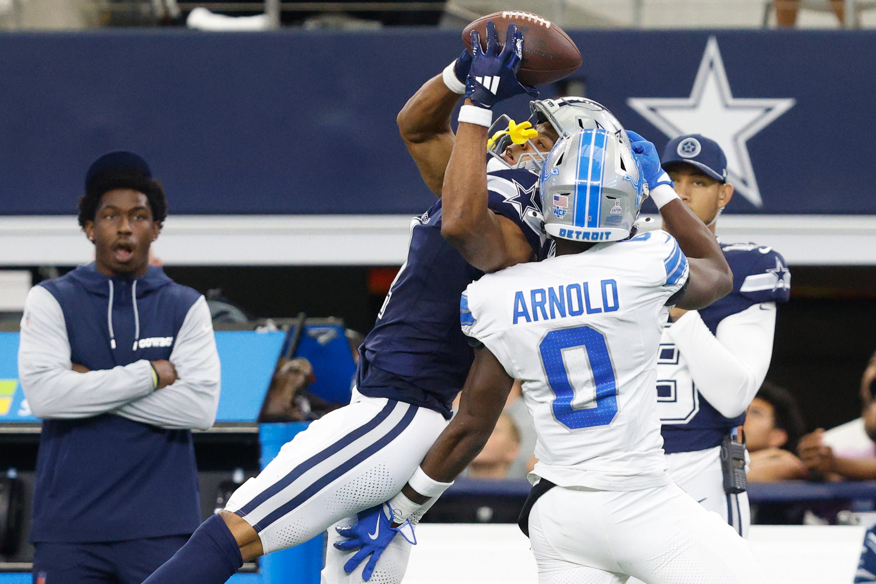 Dallas Cowboys wide receiver Jalen Tolbert (1) catches a pass against Detroit Lions...