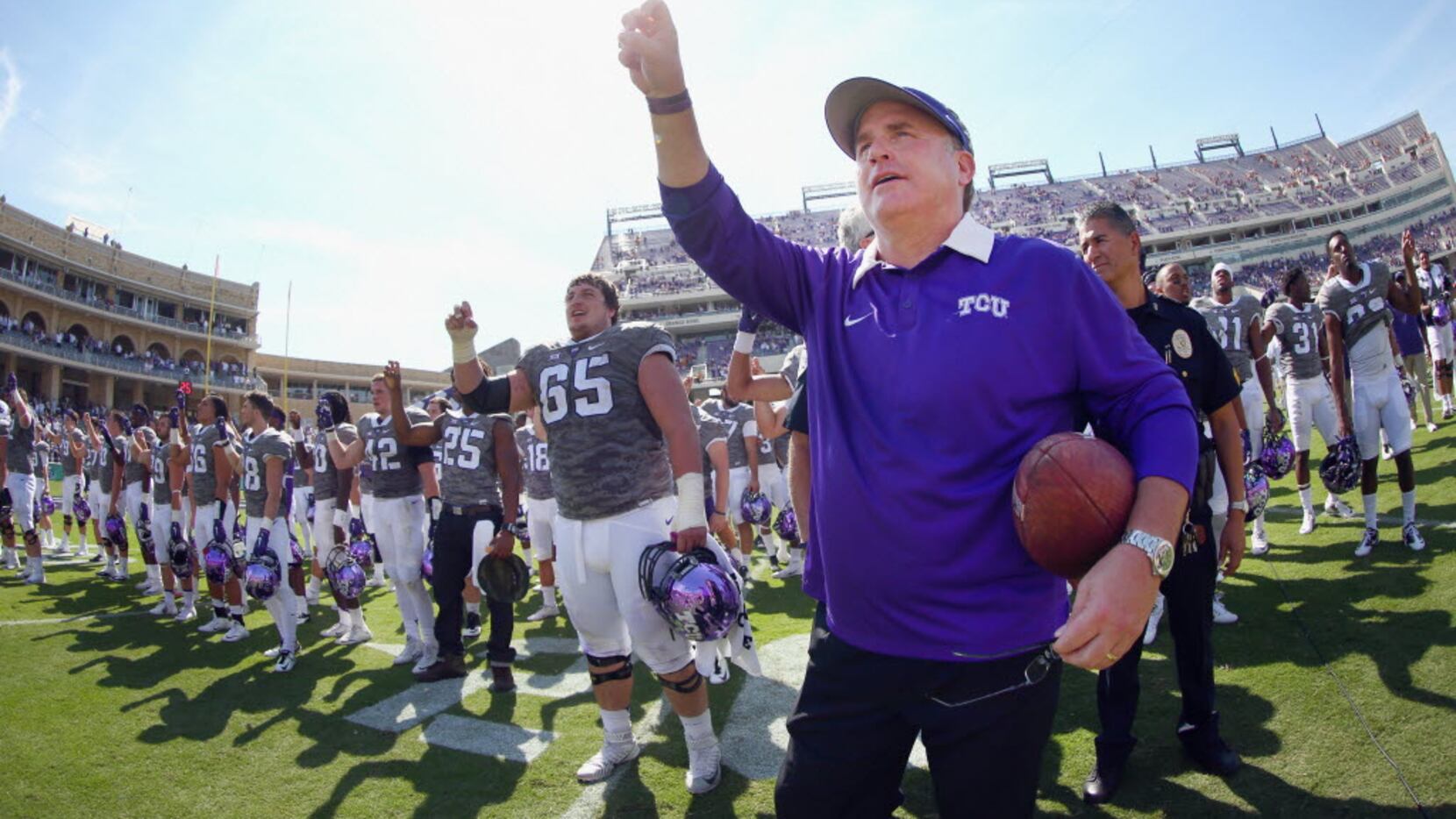 FORT WORTH, TX - OCTOBER 03:  Head coach Gary Patterson of the TCU Horned Frogs celebrates...
