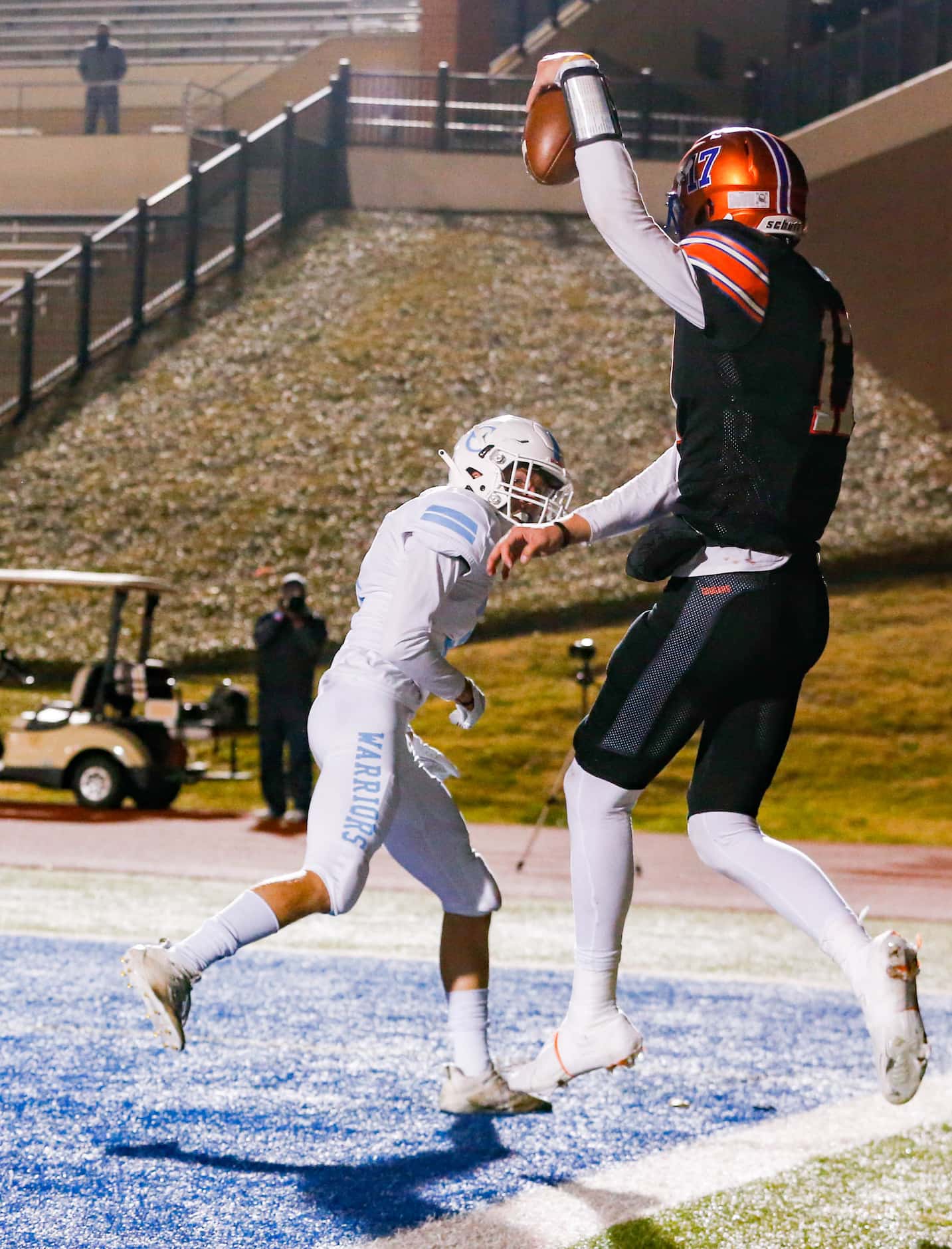 Colleyville Covenant's Austin Scheets (17) catches a pass in the end zone as Cypress...