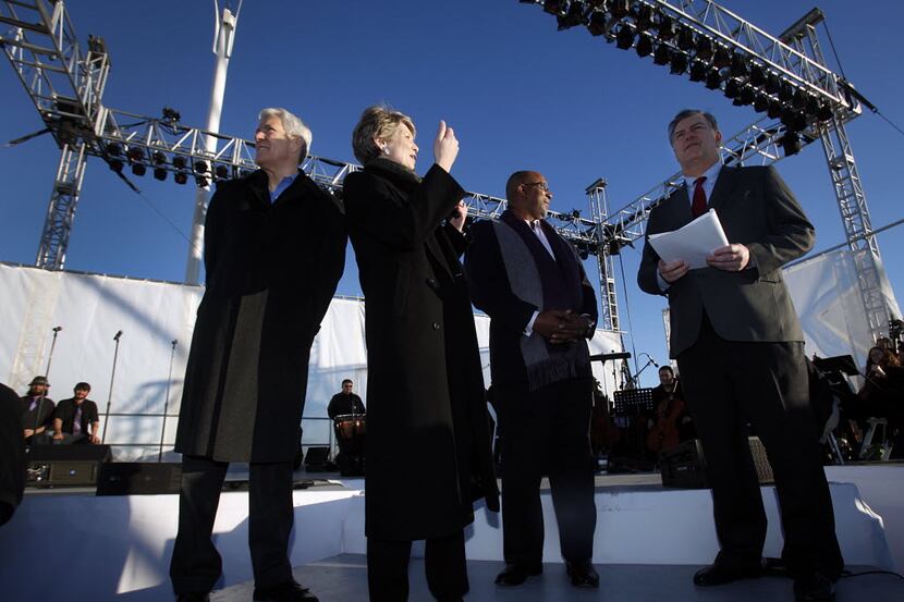 Former Dallas mayors (from left) Tom Leppert, Laura Miller and Ron Kirk joined current Mayor...