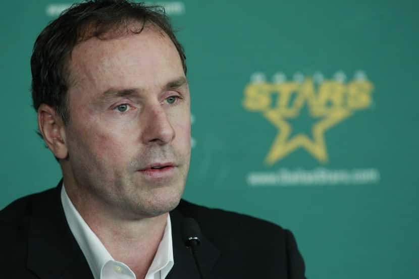 Dallas Stars general manager Joe Nieuwendyk  talks to the media during a press conference,...