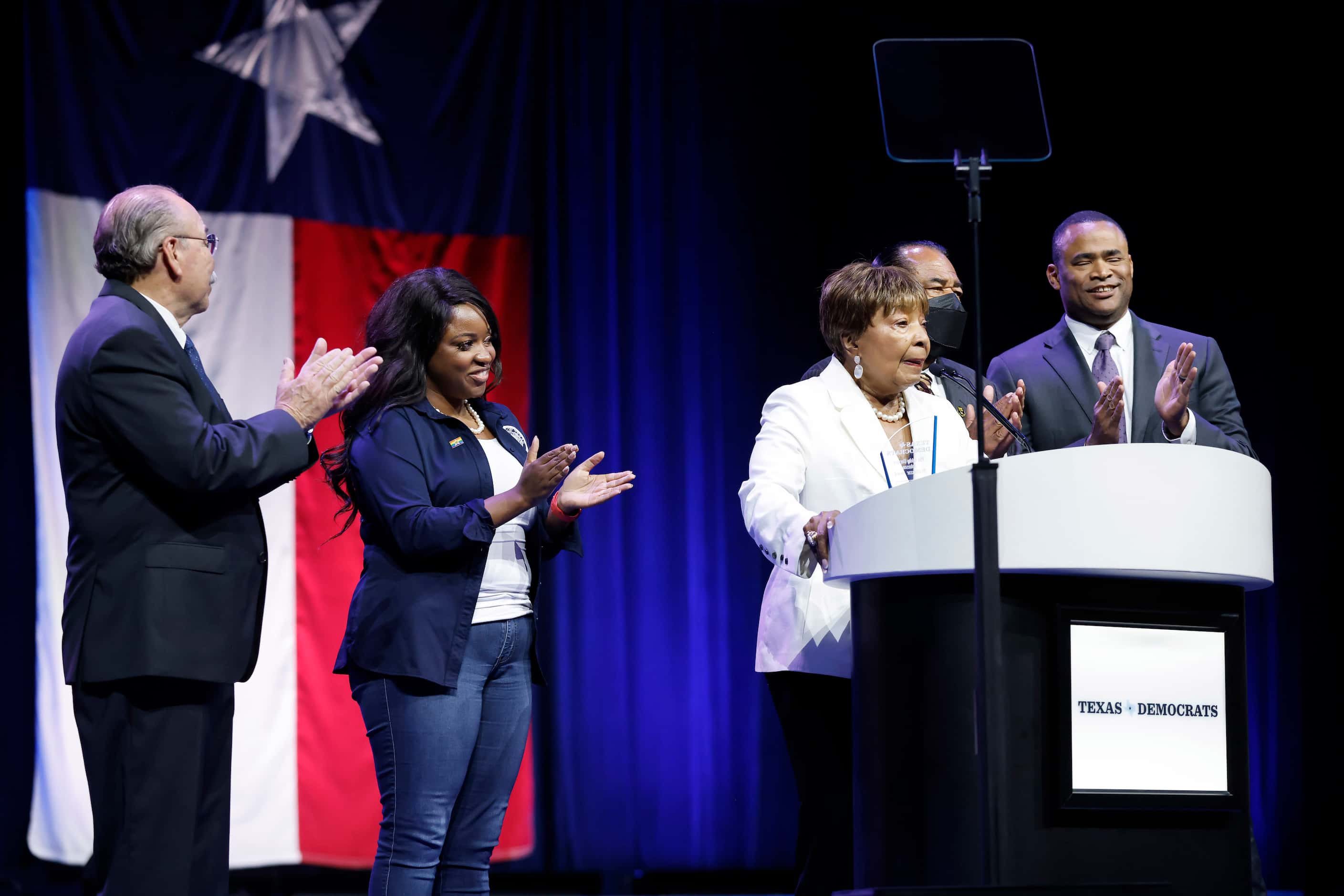 Outgoing U.S. Representative Eddie Bernice Johnson of Dallas (second from right) delivers...