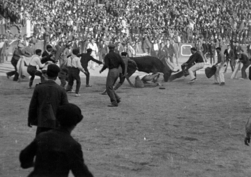 Above:  At the 1925 Pamplona fiesta, Hemingway  wrestled a bull to the ground. Jake Barnes,...