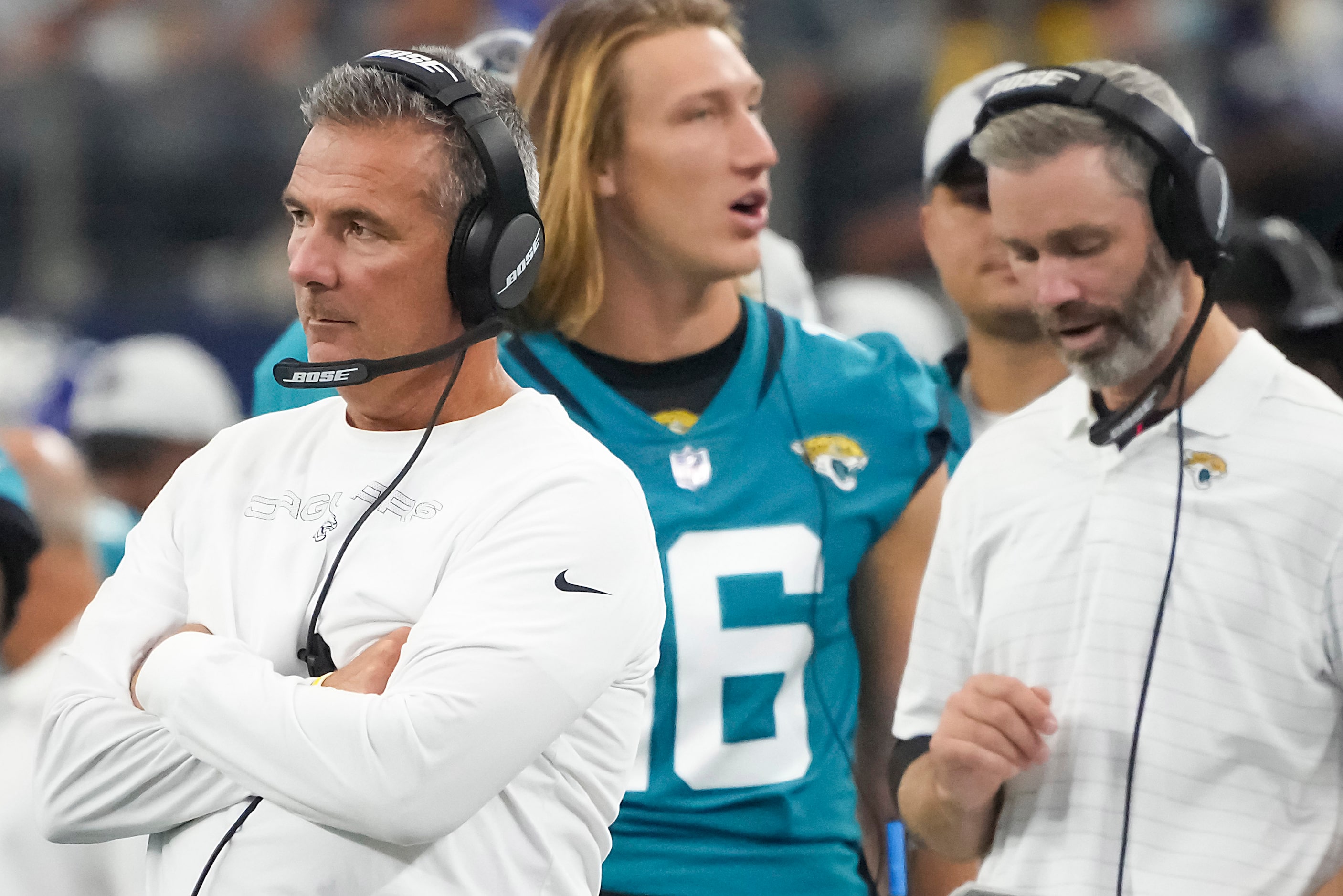 Jacksonville Jaguars head coach Urban Meyer watches from the sidelines during the second...